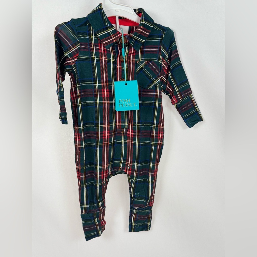 Posh Peanut Long Sleeve Collared Henley Romper Green Tartan Plaid New Sz 0-3 M